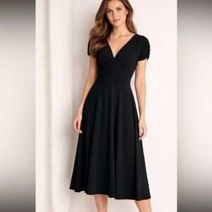 David Meister Black V-Neck A-Line Dress Wmns 4 Cap Ruched Sleeve Lined Stretchy